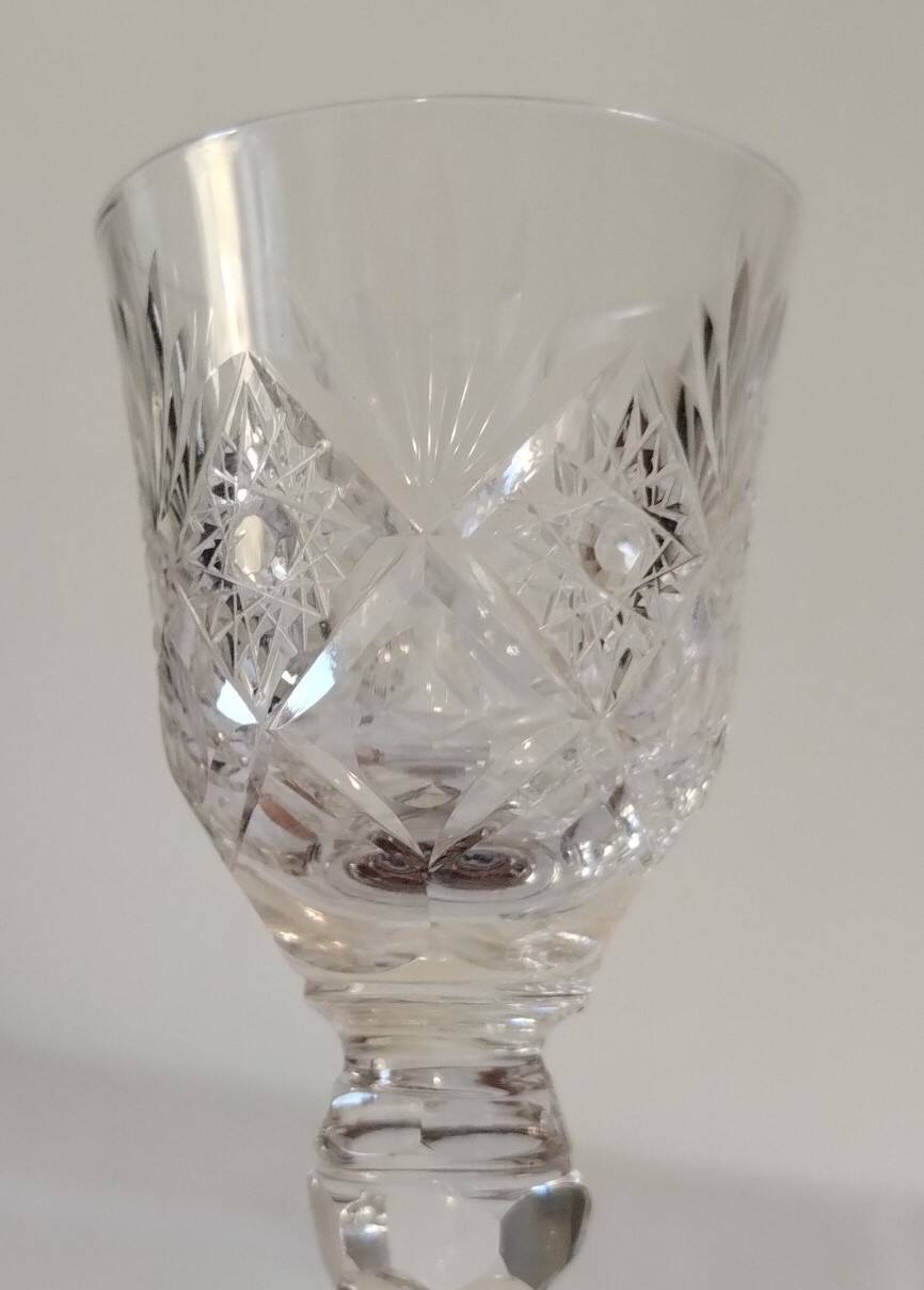 Set of 12 stemmed cut crystal liqueur glasses