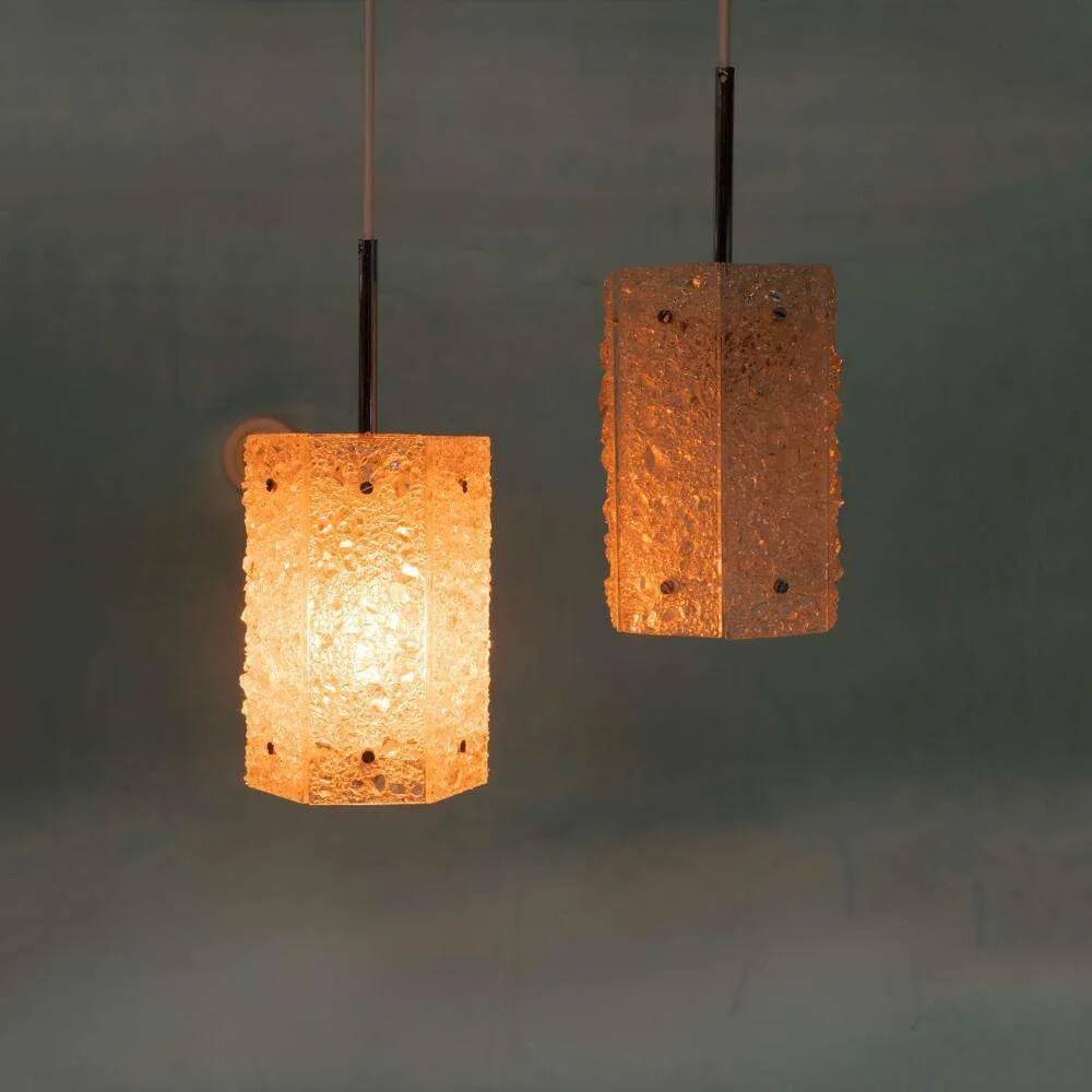 Vintage hexagonal glass and chrome pendant lamp from the 1960s.