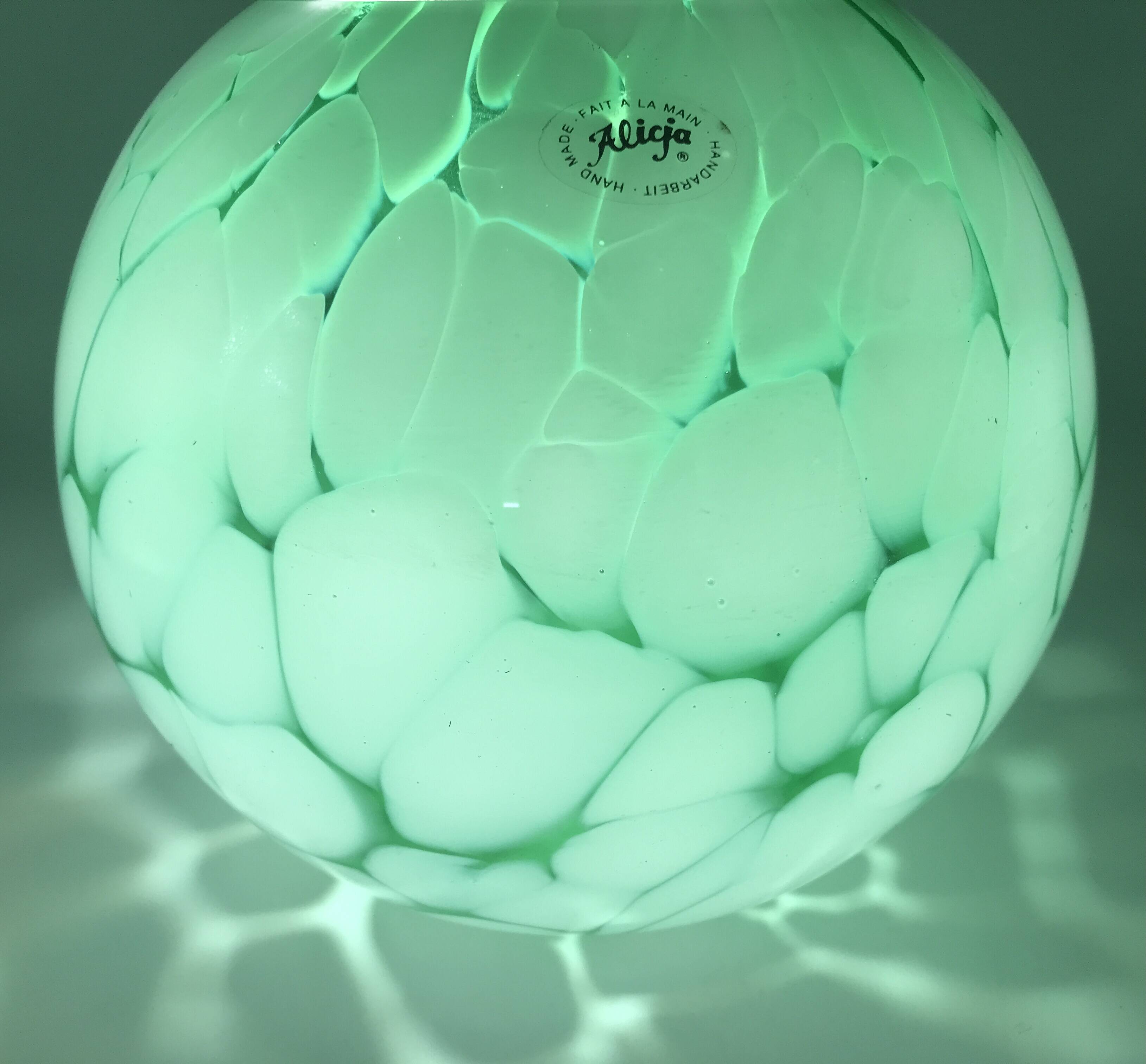 Vintage glass vase ball shape handmade alicja green and white
