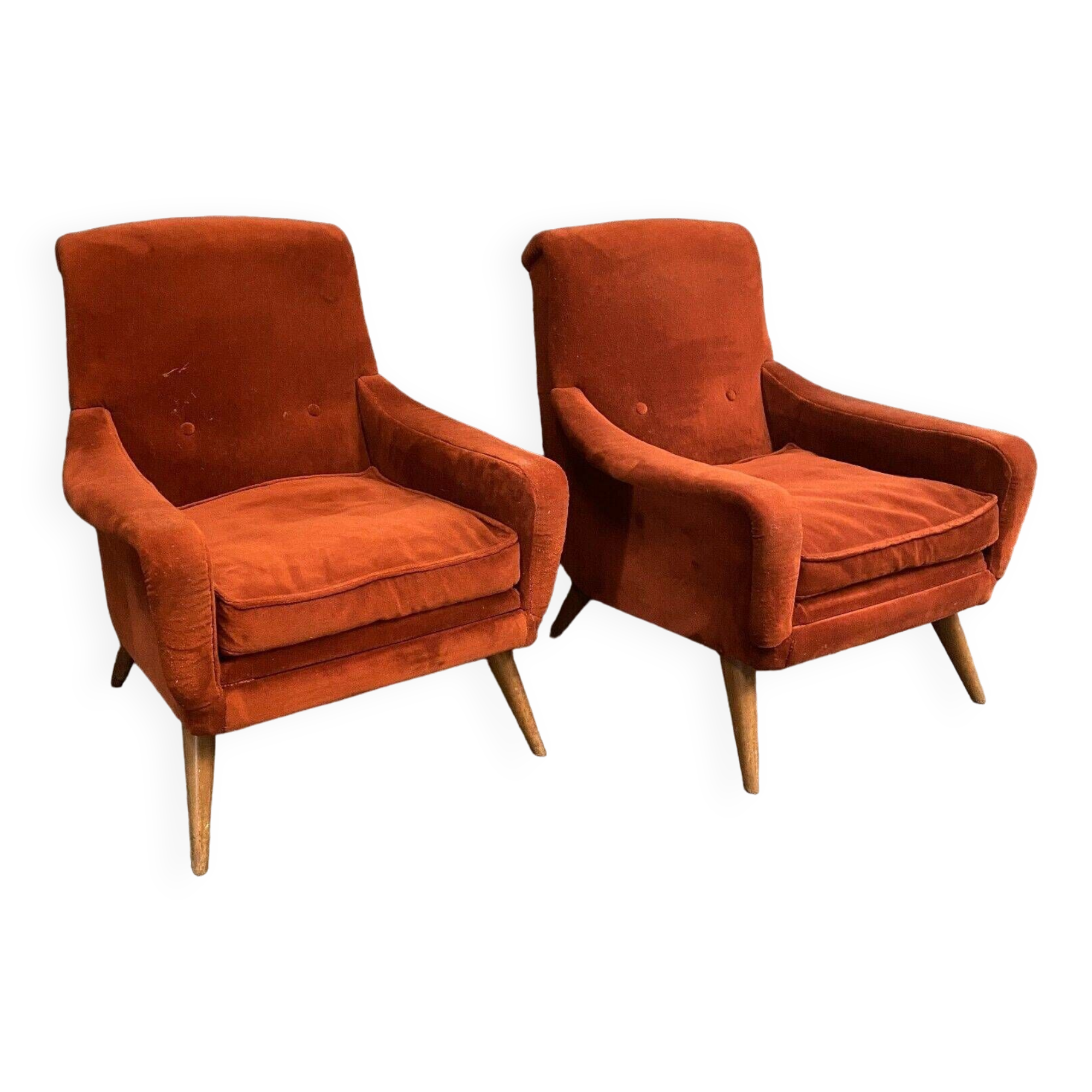 Pair of Scandinavian work armchairs from the 60s in velvet and compass legs