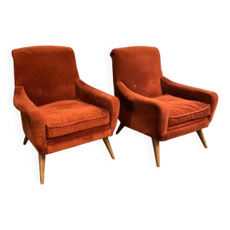 Pair of Scandinavian work armchairs from the 60s in velvet and compass legs