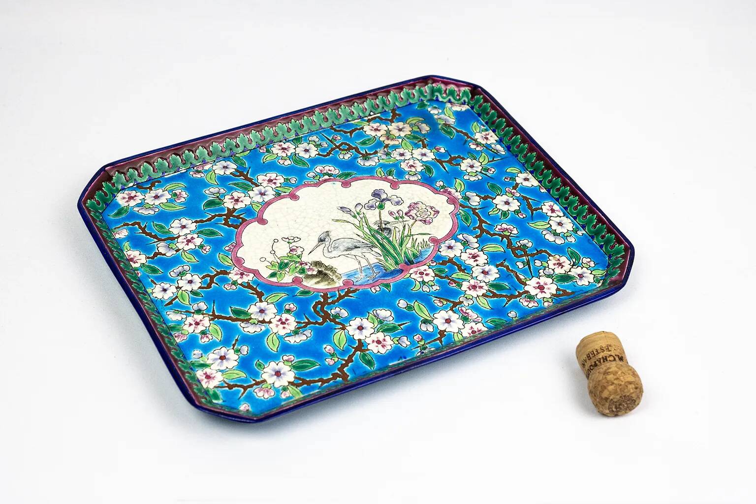 Enamelled earthenware plate – Apple blossom and cranes – Longwy, 1894