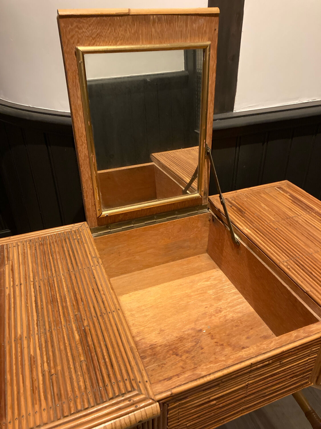 Hairdresser, vintage rattan desk, in the style of Audoux Minet.