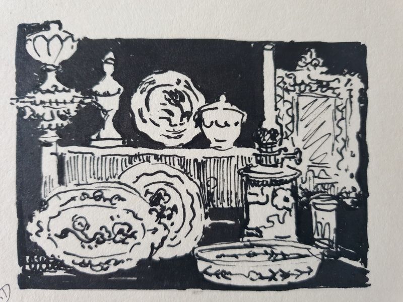 André Duculty (1912-1990) India ink on paper "Chez l'antiquaire" Monogrammed lower left