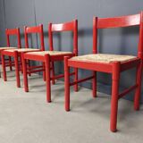 Chaises de salle à manger en laque rouge et osier, années 1970