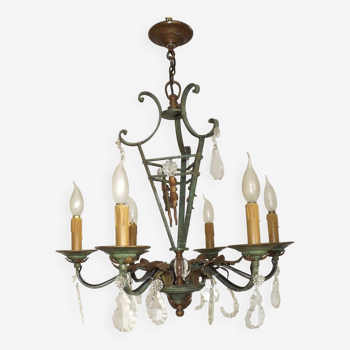 French Art Nouveau Green & Bronze  Iron 6  Light Crystal Cage Chandelier 2431
