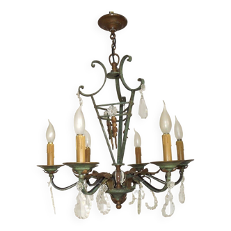 French Art Nouveau Green & Bronze  Iron 6  Light Crystal Cage Chandelier 2431