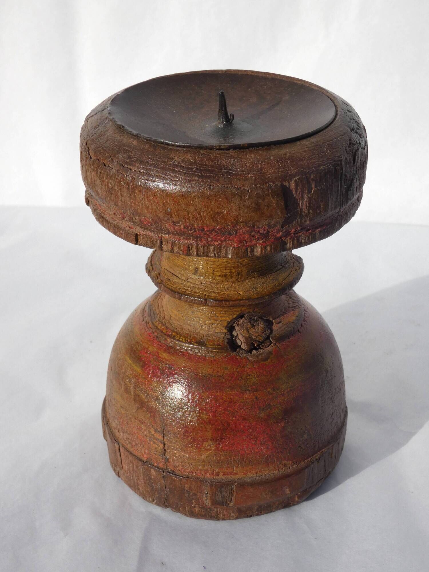 Candle holder round wood old teak patina of origin India