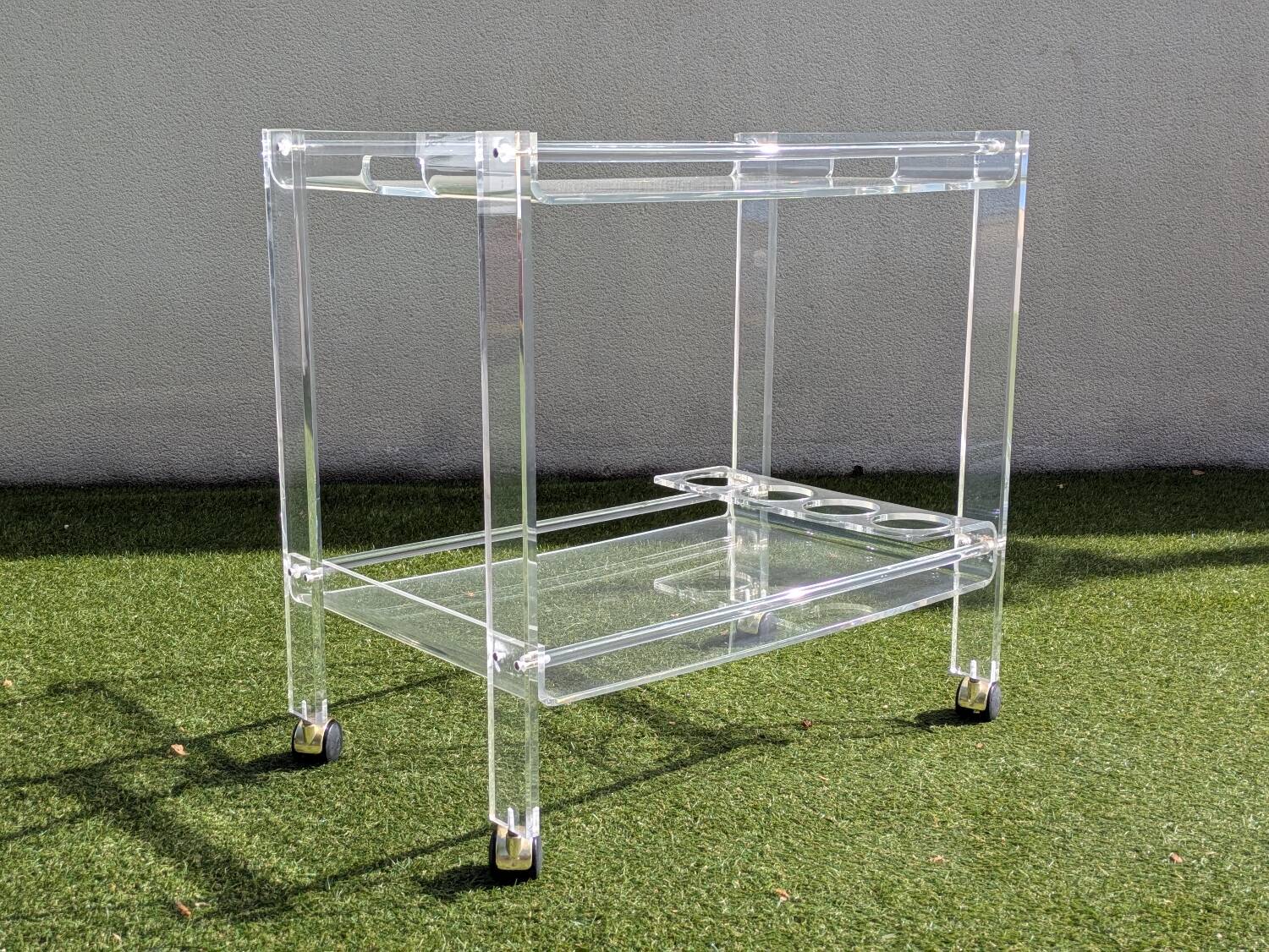 Vintage 1970s plexiglass serving trolley – integrated bottle rack