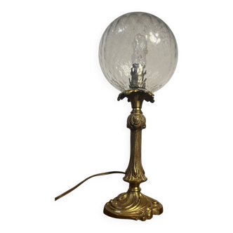Art deco brass lamp with ribbed glass globe