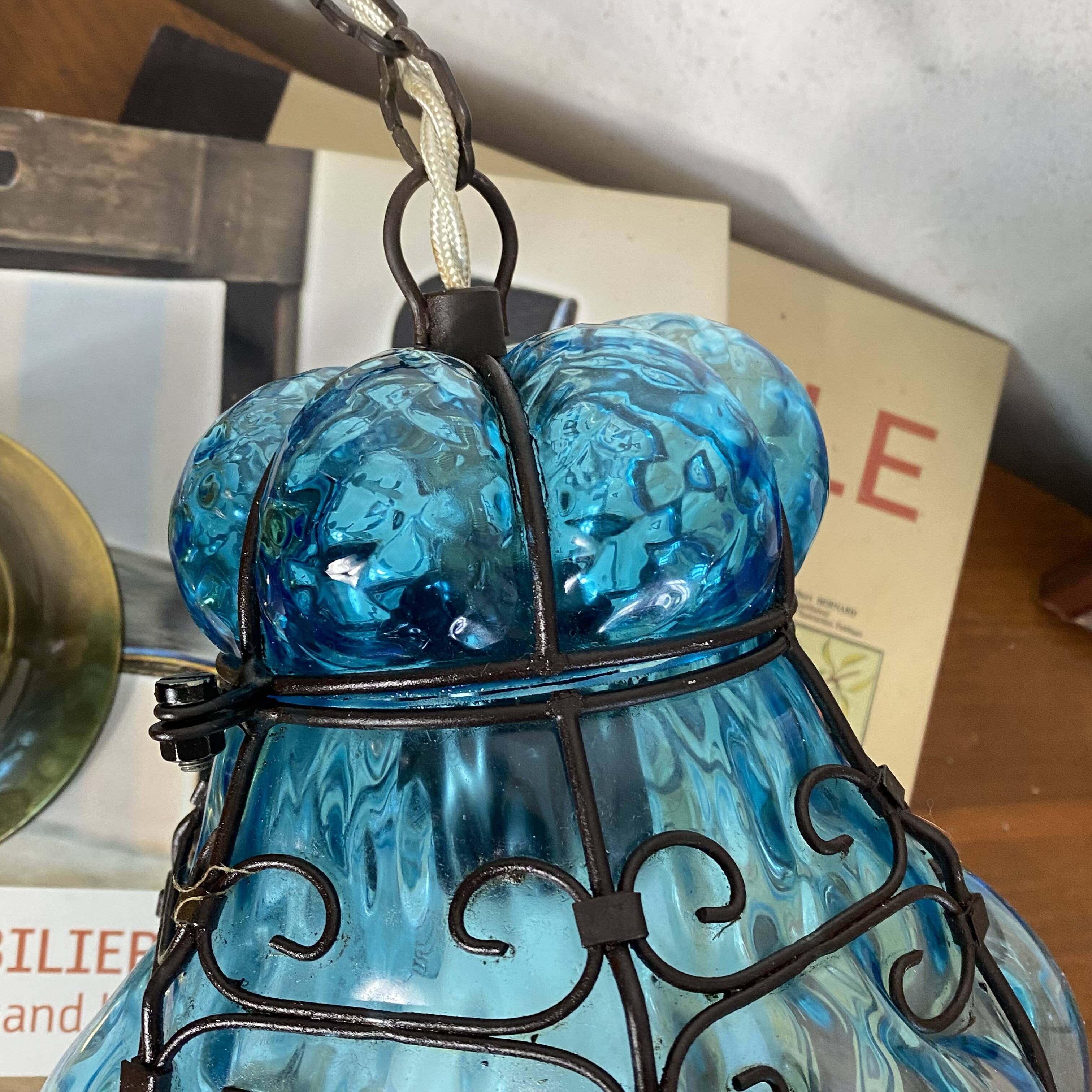 Old suspension glass cage blown Venetian lantern blue