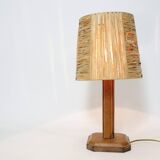 Lamp base in saddle stitched leather and raffia lampshade.