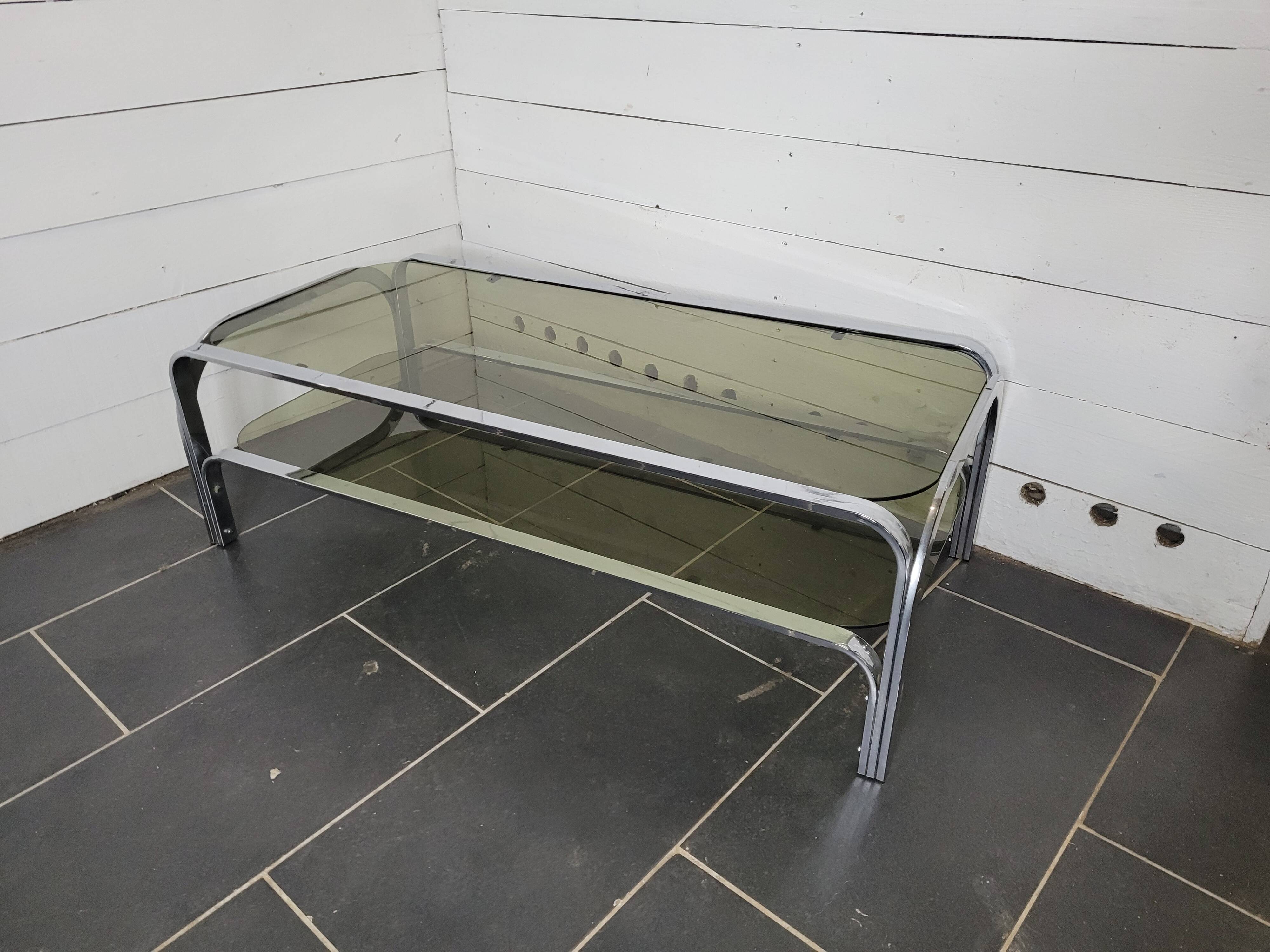 Chromed metal coffee table with smoked glass top from the 70s