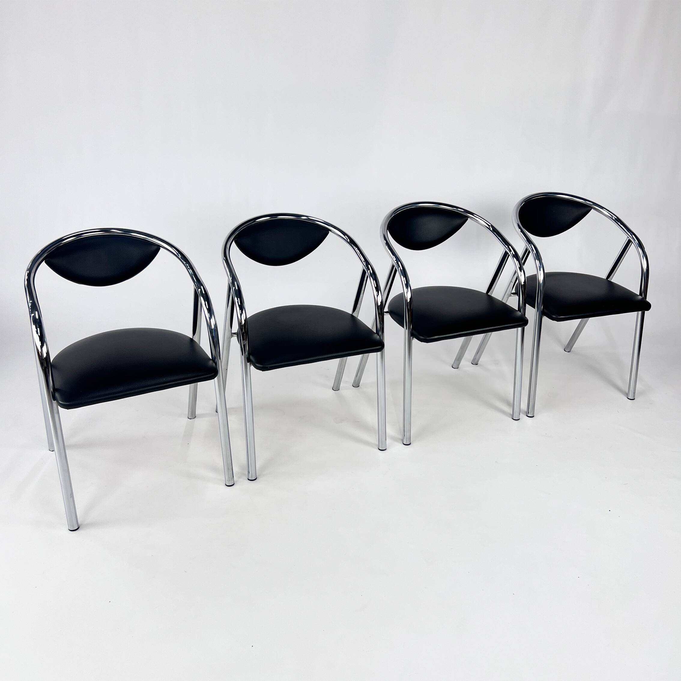 Set of 4 Postmodern Tubular Frame and Leather Dining Chairs, 1980s