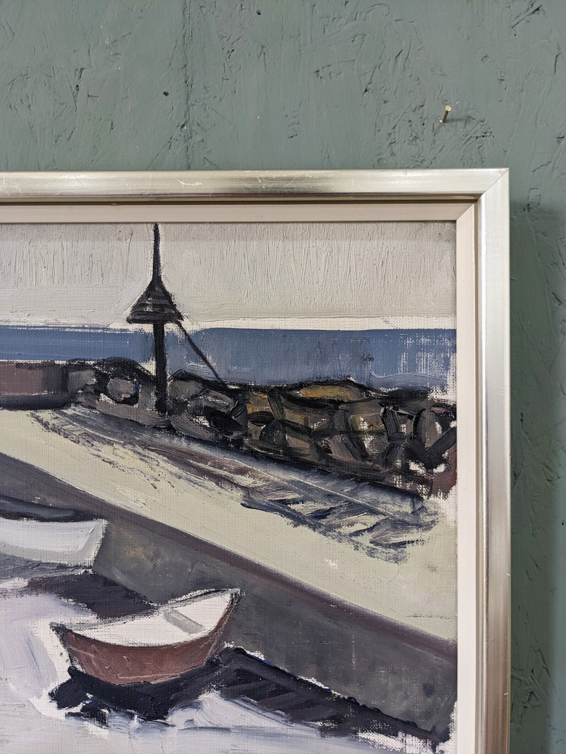 Mid-Century Modern Swedish "Boats at the Jetty" Vintage Coastal Landscape Oil Painting, Framed
