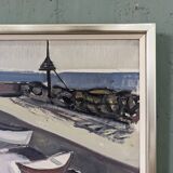 Mid-Century Modern Swedish "Boats at the Jetty" Vintage Coastal Landscape Oil Painting, Framed