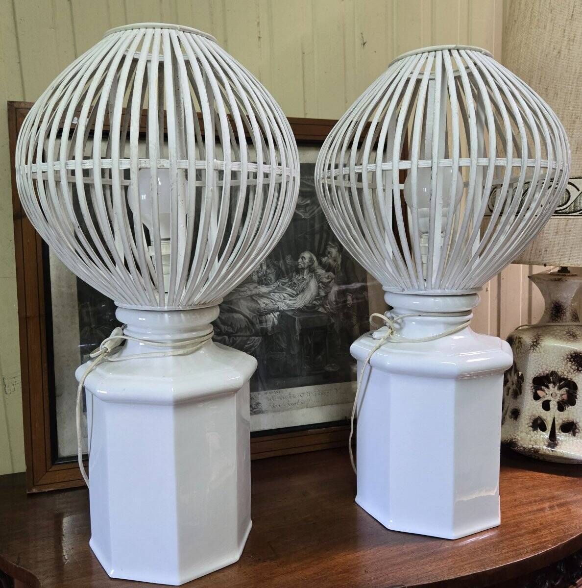 a pair of very large modernist lamps in painted ceramic and wood