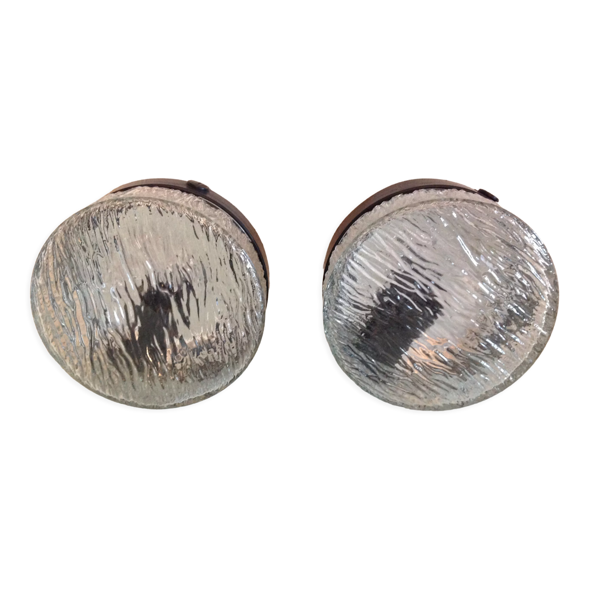 Paire de plafonniers ronds en verre glace vintage années 60-70