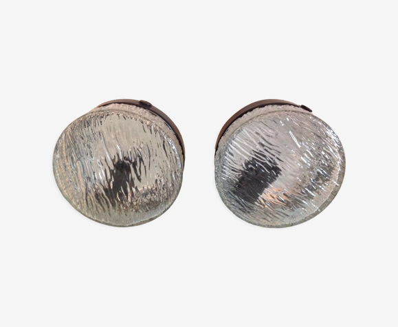 Paire de plafonniers ronds en verre glace vintage années 60-70