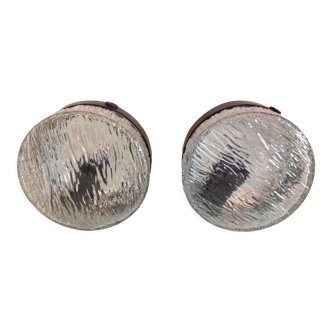 Pair of round ceiling lights in glass ice vintage years 60-70