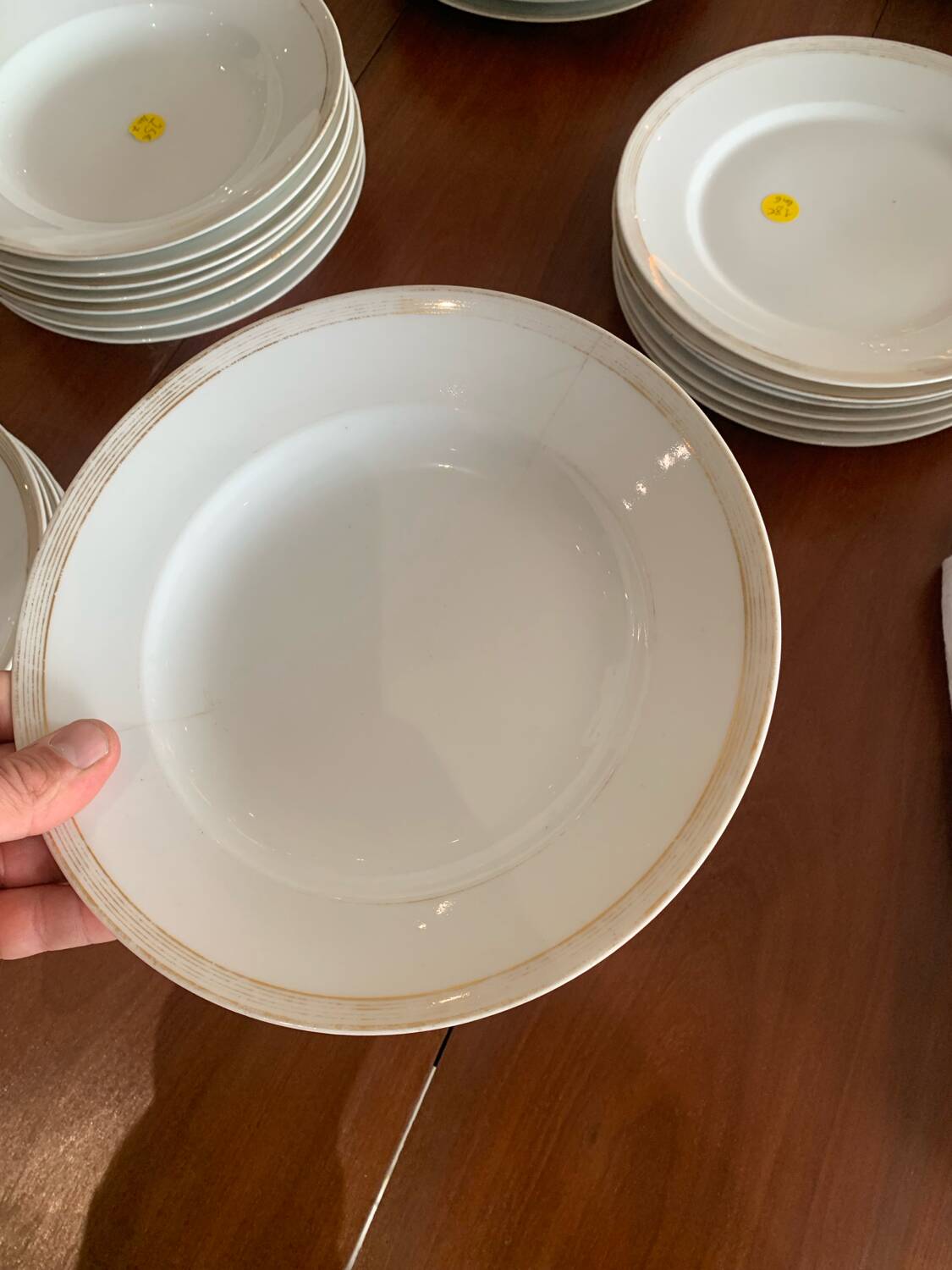 Lot of six soup plates, old, crockery, white, gilded