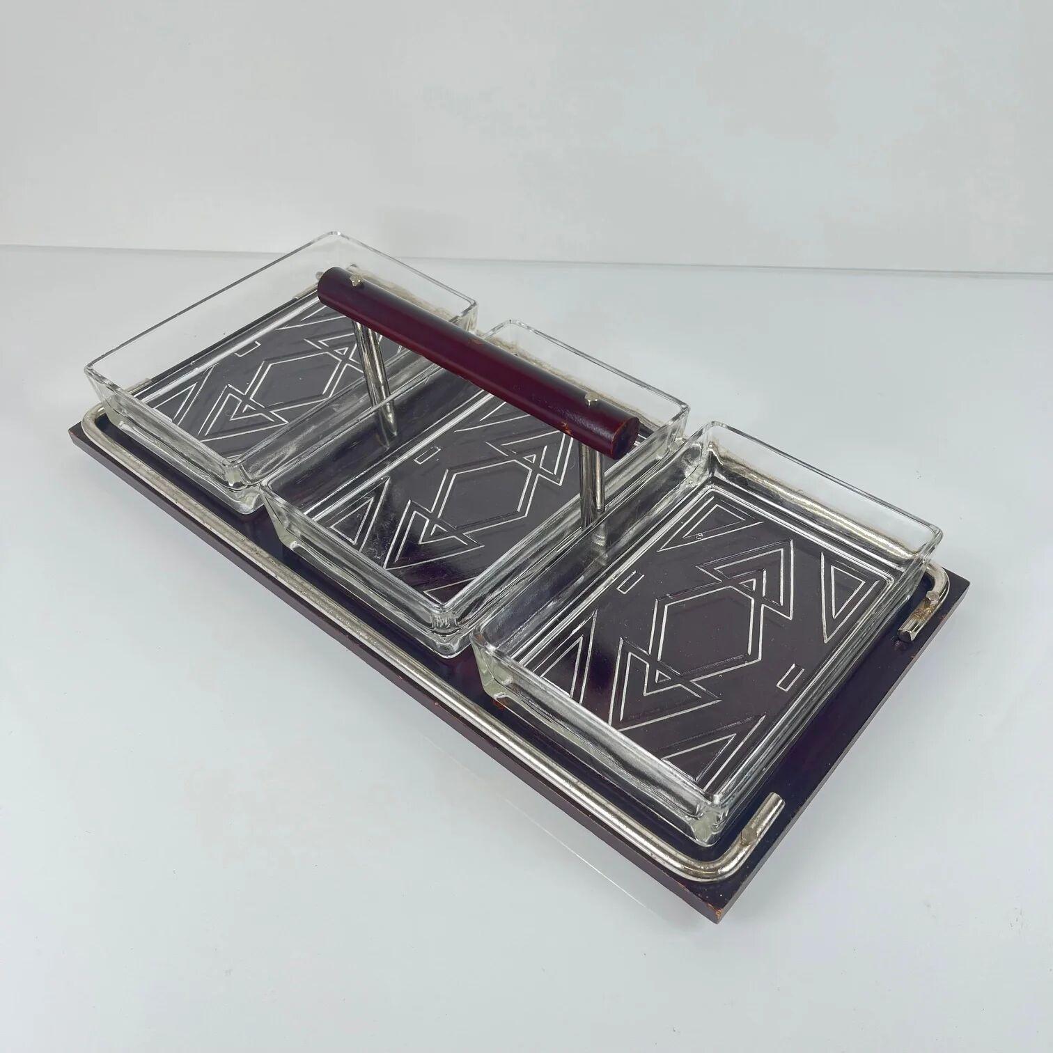 Vintage wooden and glass appetizer tray, 1960s/70s