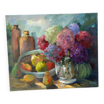 Huile sur toile "Hortensias et fruits" signée Paumier