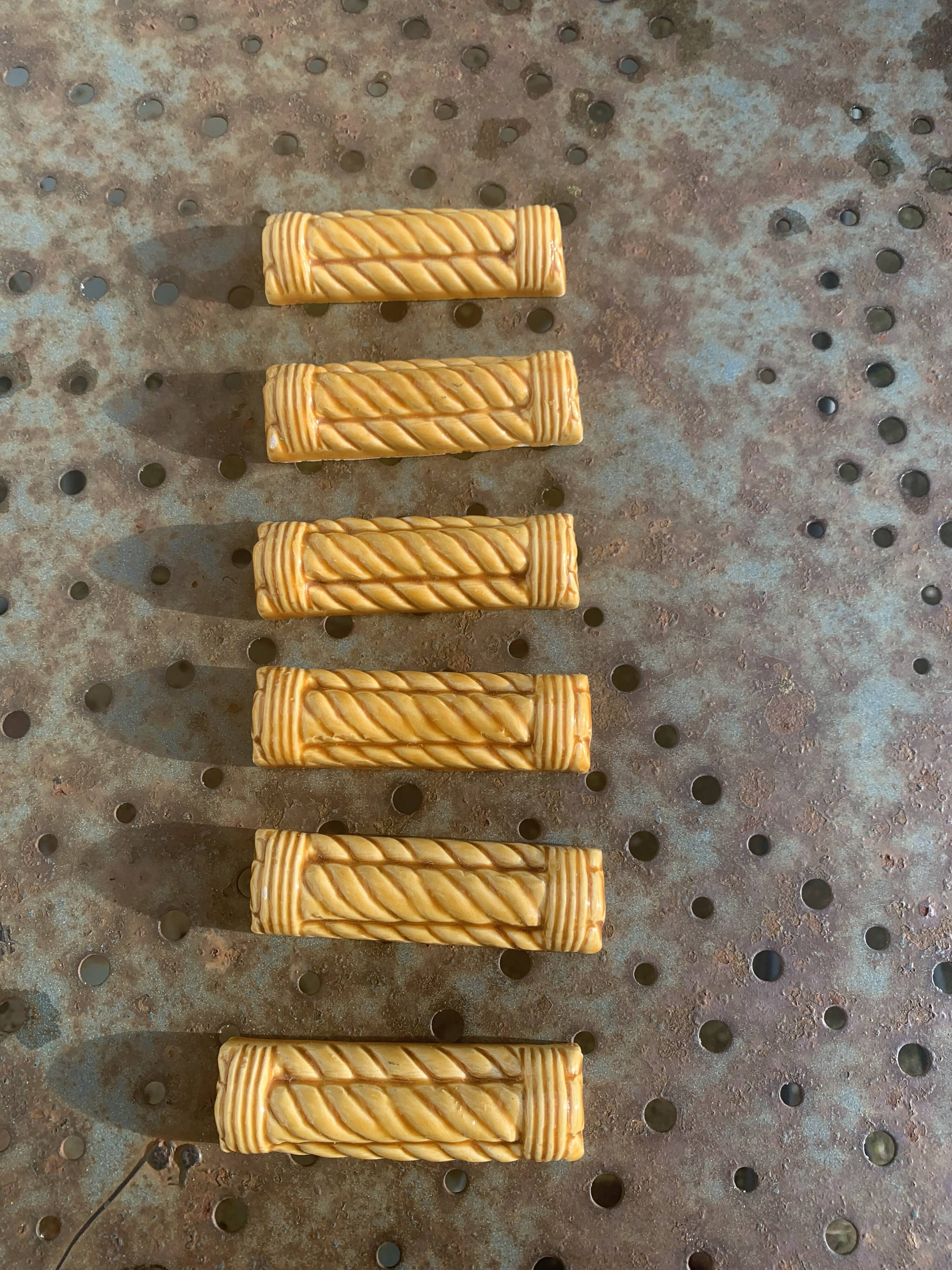 6 enameled ceramic knife holders, slip, vintage golden yellow