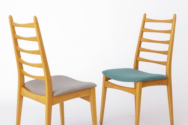Ensemble de 8 chaises de salle à manger vintage, Wenzel Allemagne années 1970, bois de hêtre, tissu
