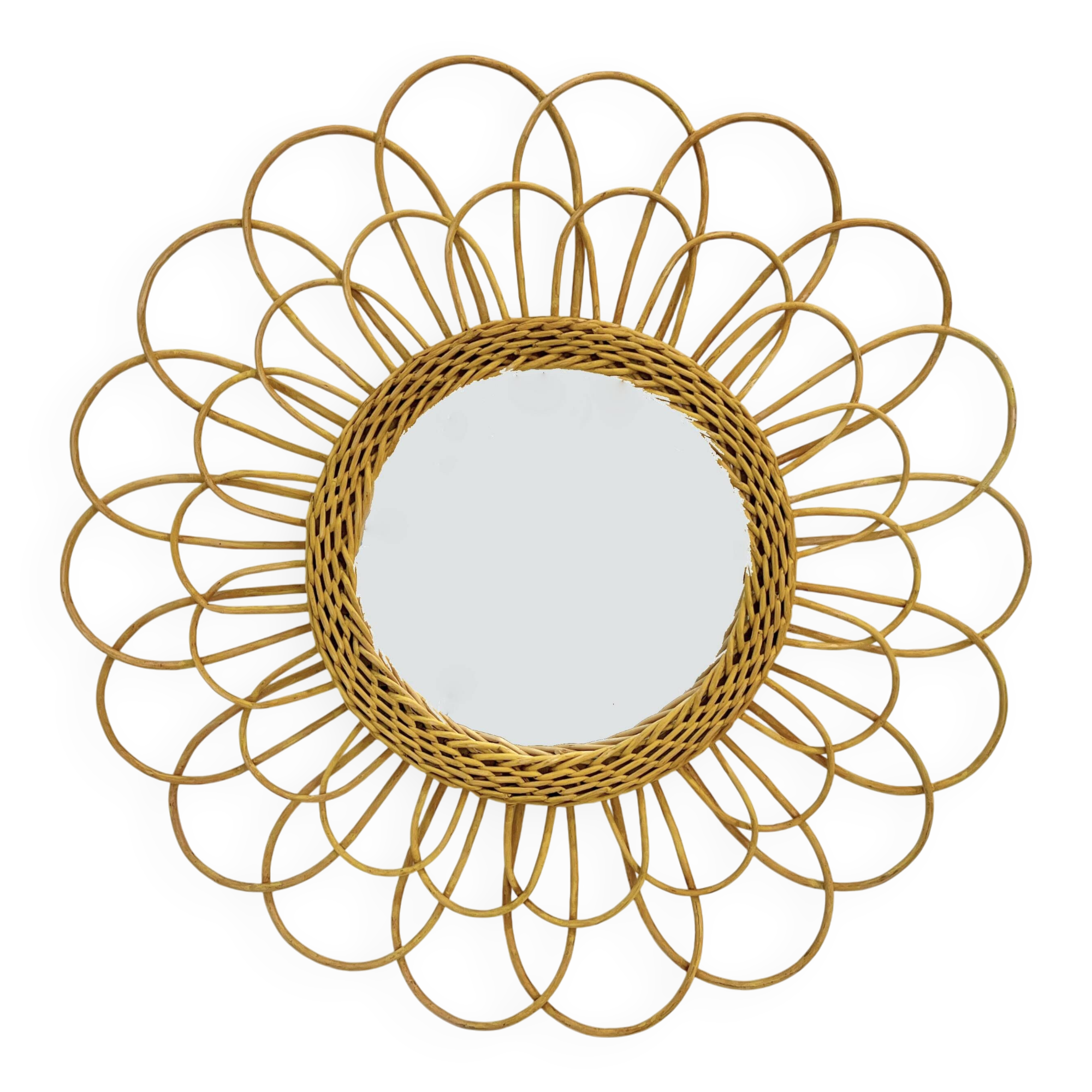 Round mirror flower sun in rattan wicker wood vintage 1960 1970 55 cm folk