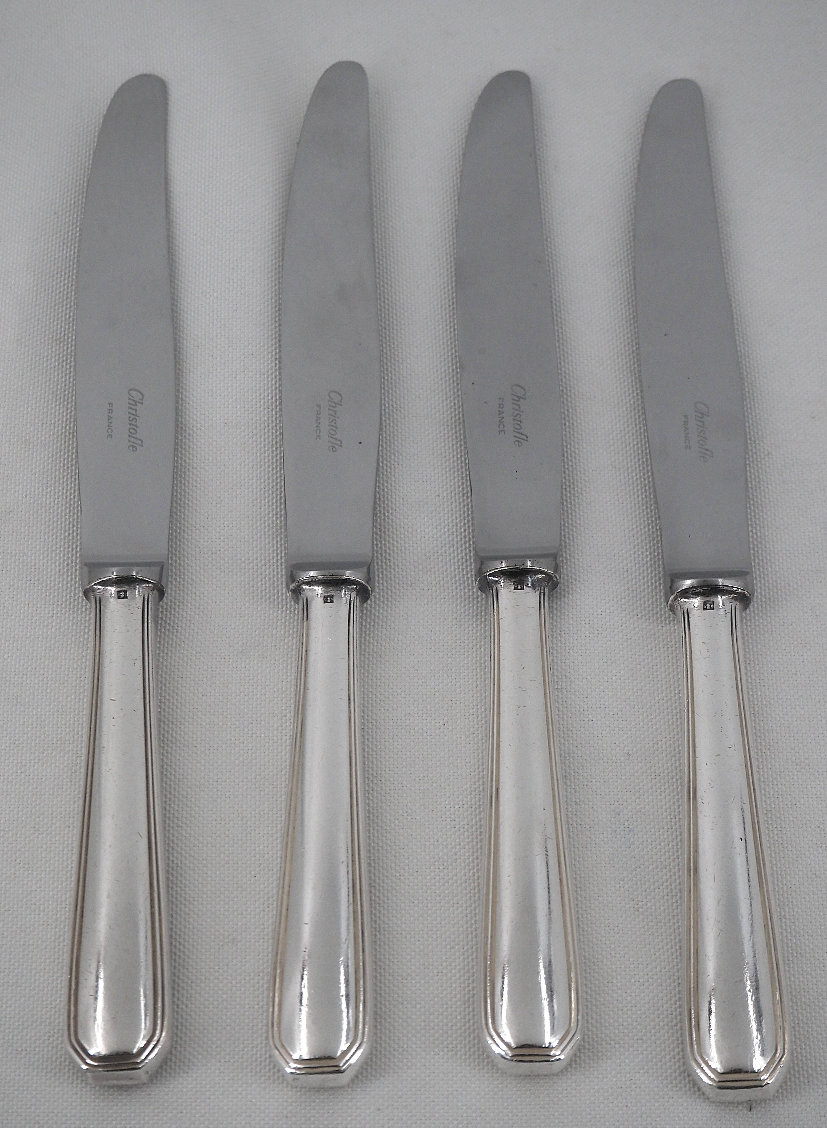 Christofle America, Art Deco, 4 silver-plated table knives, excellent condition.
