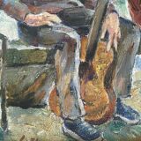 Interior scene with guitar at Kiev airport, USSR, oil travel 1974.