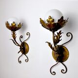 Pair of floral wall lamps by Ferro Arte, Gold leaf and opaline, Spain, 1960