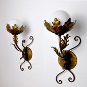 Pair of floral wall lamps by Ferro Arte, Gold leaf and opaline, Spain, 1960