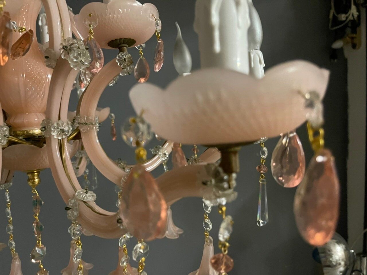 Vintage Italian Pink Opaline Murano Glass Chandelier