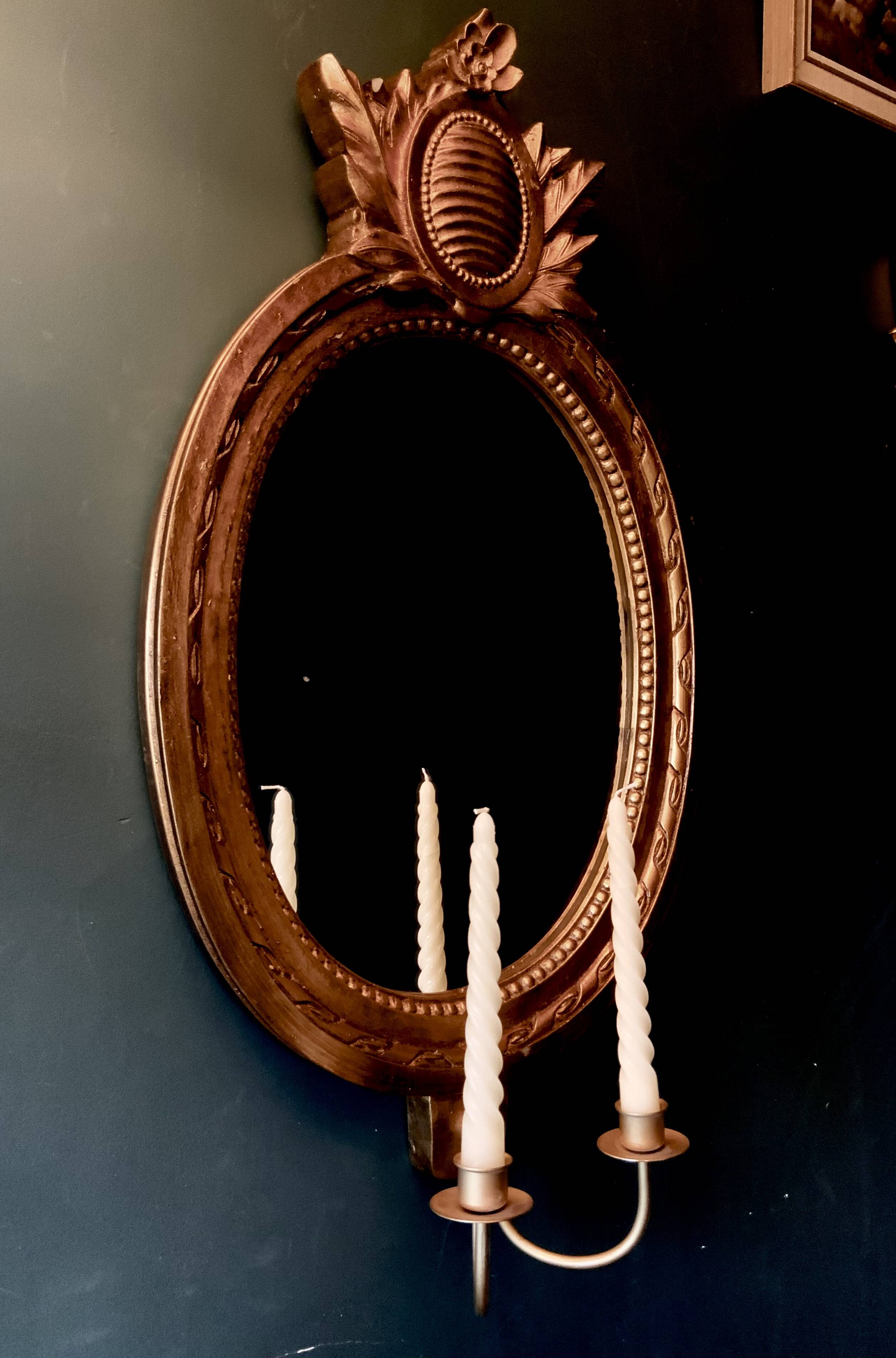 Vintage Swedish Rococo Style Wall Mirror in Gold frame with 2 candle sticks 50s