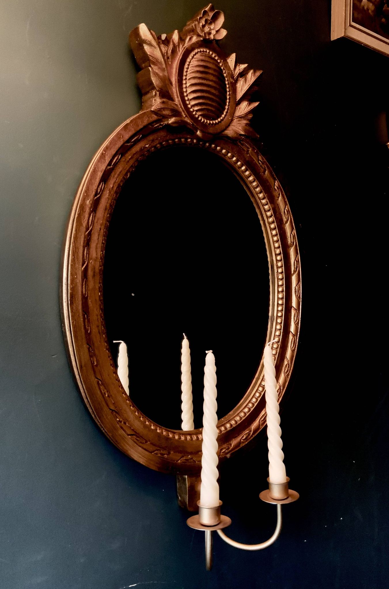 Vintage Swedish Rococo Style Wall Mirror in Gold frame with 2 candle sticks 50s
