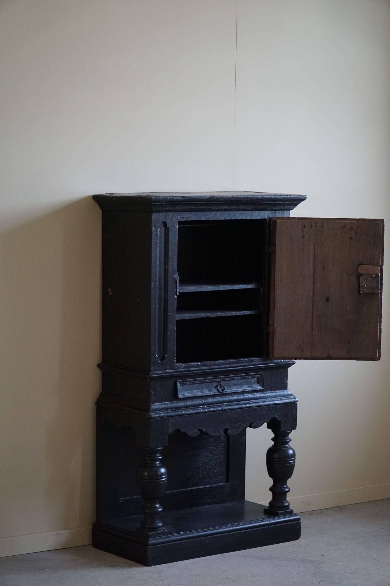 Antique black painted wardrobe from the 18th century by a Danish cabinetmaker, baroque.