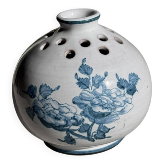 Moustiers blue earthenware bouquet holder, vintage round vase D14