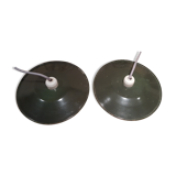 Pair of industrial hangings enamelled sheet metal and porcelain Sockets