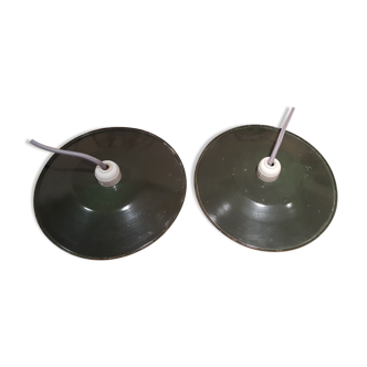 Pair of industrial hangings enamelled sheet metal and porcelain Sockets