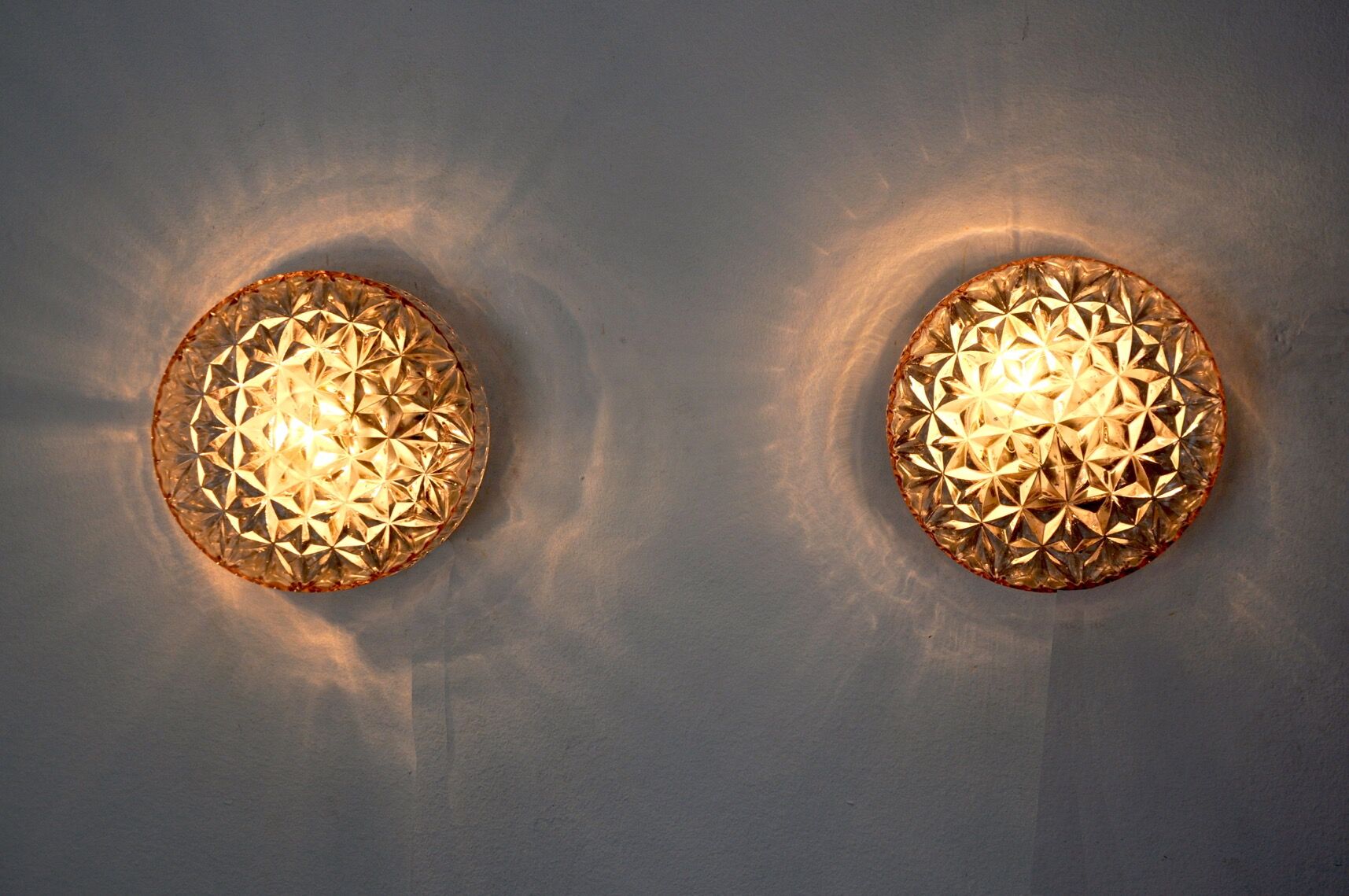 Pair of peris andreu wall lamps, purple cut glass, spain, 1970