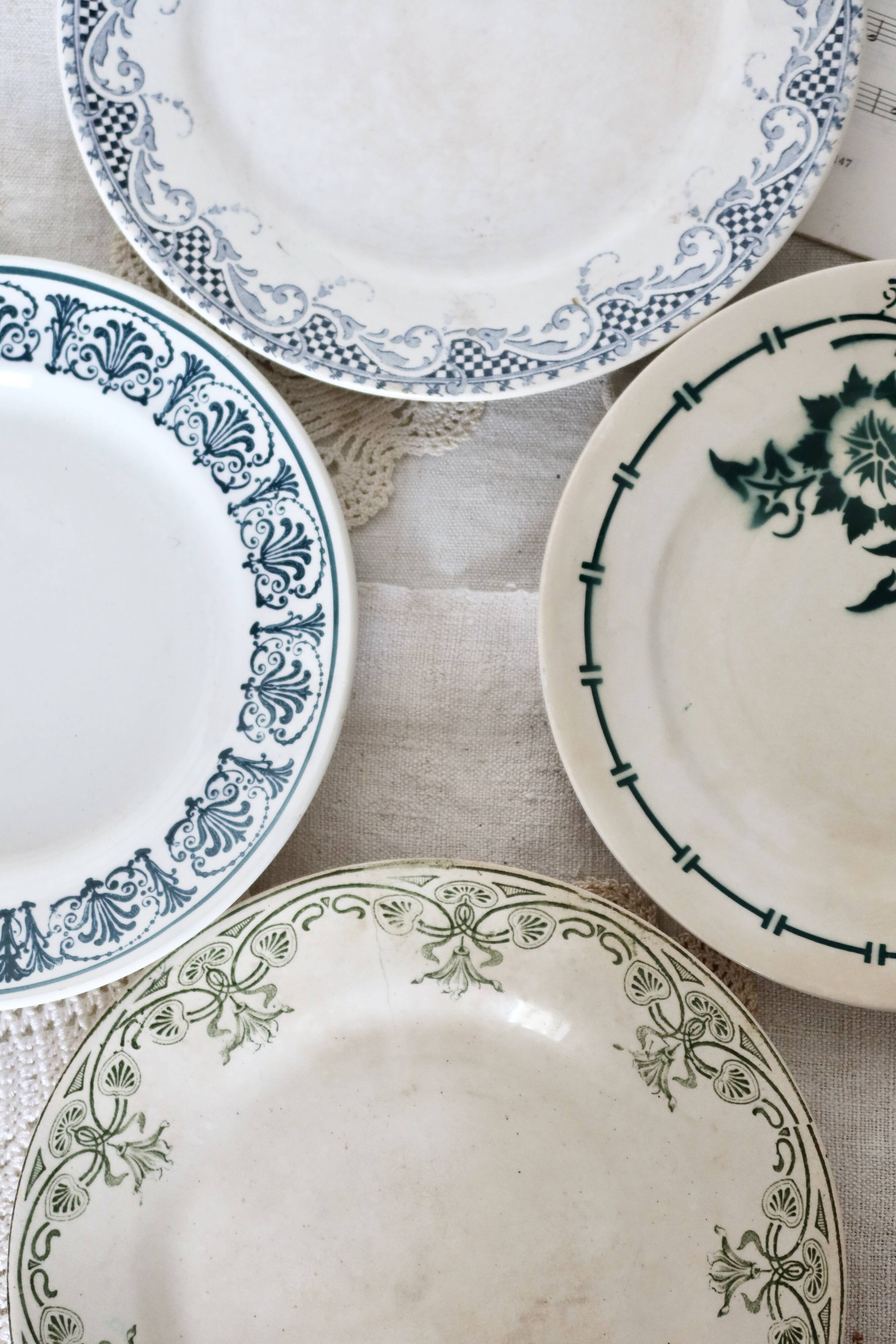 4 mismatched white and green ironstone dessert plates Arabesque set