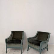 Pair Lounge Chairs in green velvet and lacquered wood, France, 1950
