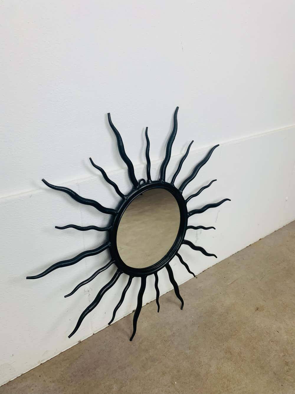 Sun mirror, wrought iron, brutalist design, 1970s.
