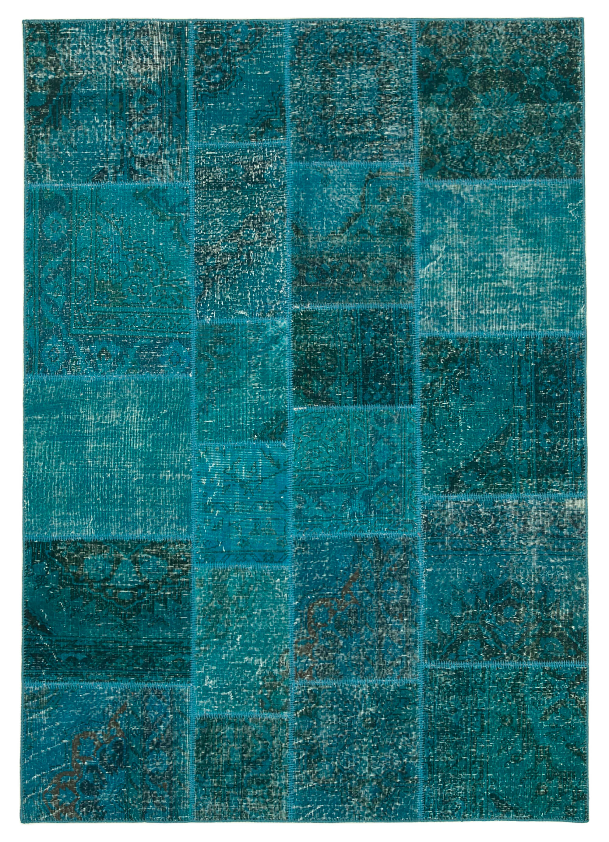 Handwoven oriental overdyed 171 cm x 243 cm turquoise patchwork carpet