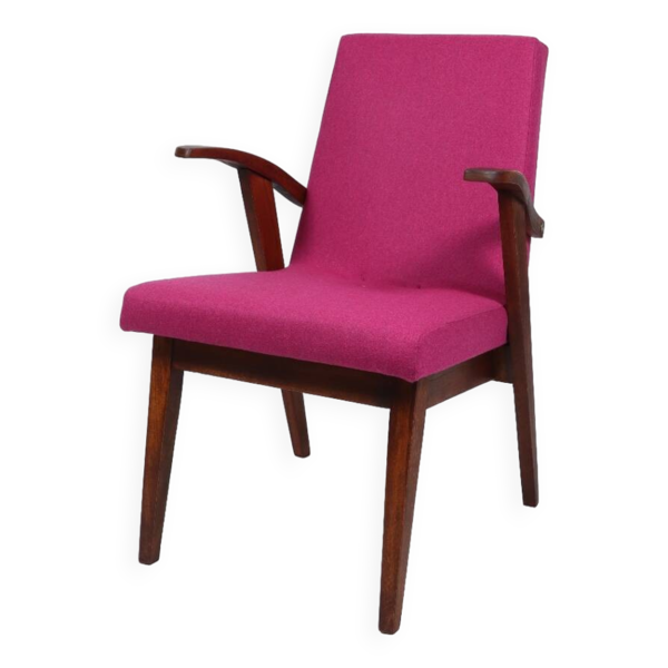 Fauteuil vintage en bois et laine fuchsia, années 60, Pologne