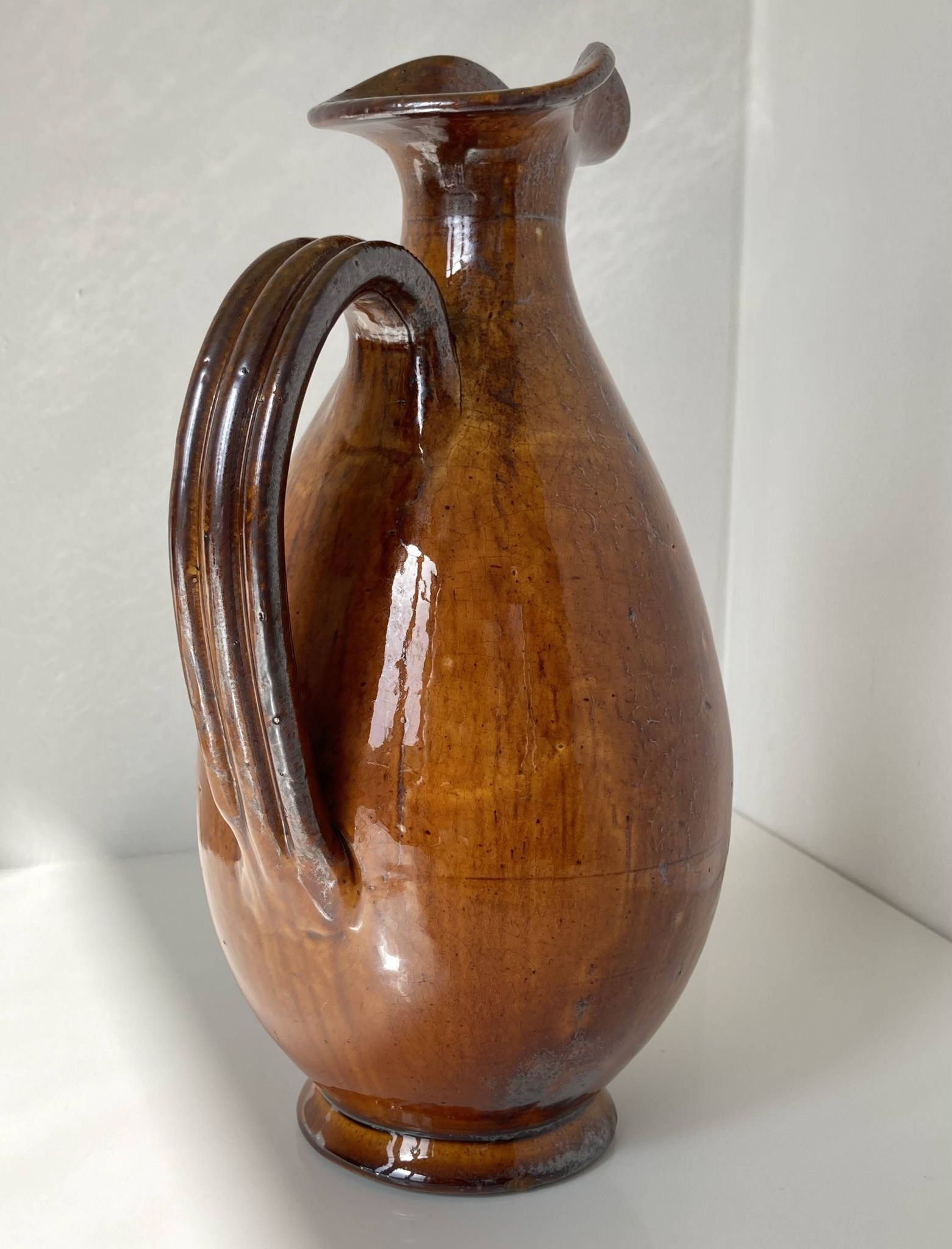 Jug, pitcher or carafe, white earthenware and alquifoux from Vallauris.
