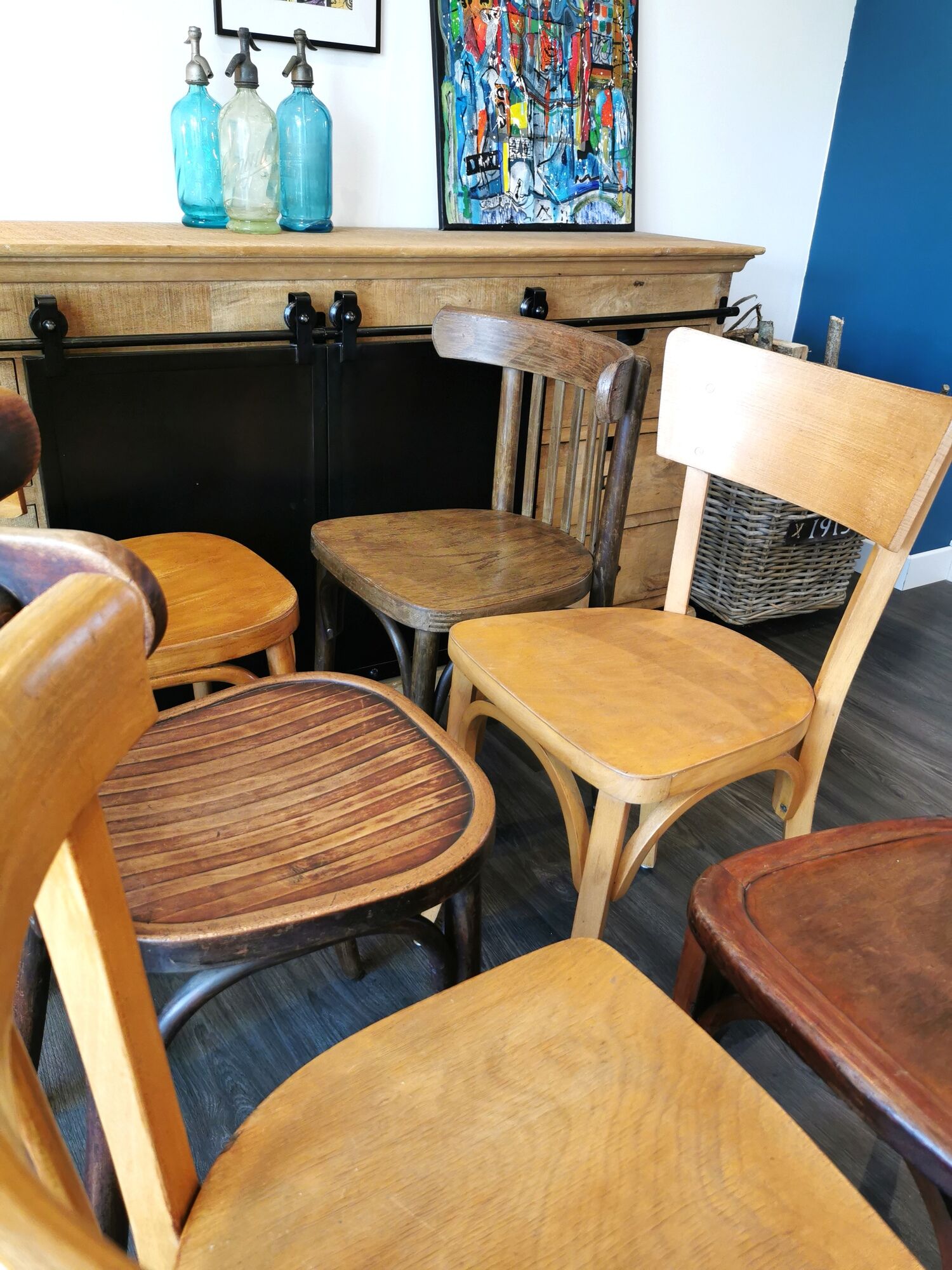Baumann Stella and Luterma series of 6 mismatched bistro chairs