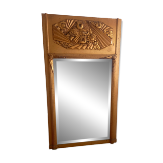 Trumeau Art Déco stuc doré et bois miroir biseauté de cheminée 1920-1930
